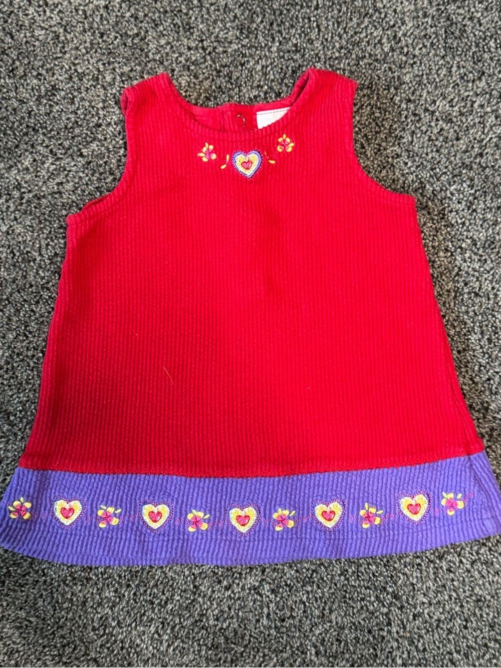 Y2K Red Corduroy Sleeveless Dress with Purple Trim & Heart Embroidery